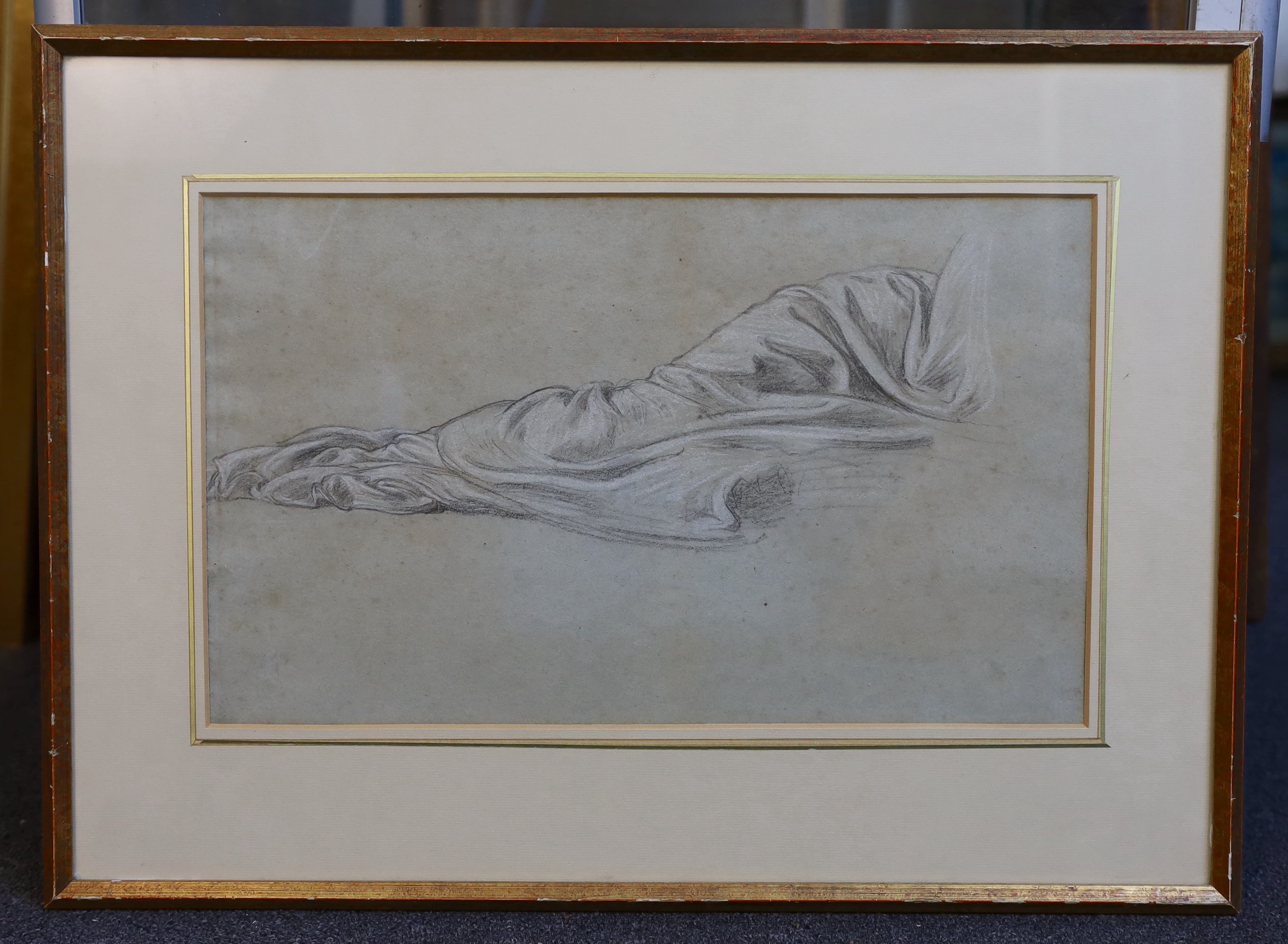 Lord Frederic Leighton, P.R.A. (British, 1830-1896), Study for the Wise and Foolish Angels, Lyndhurst Church, drapery for figure lower right, black and white chalk on light grey paper, 25 x 42cm